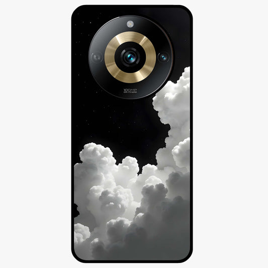 Black Background With White Cloud Glass Case showing flat back view with minimal cloud artwork on dark background and glossy glass finish.