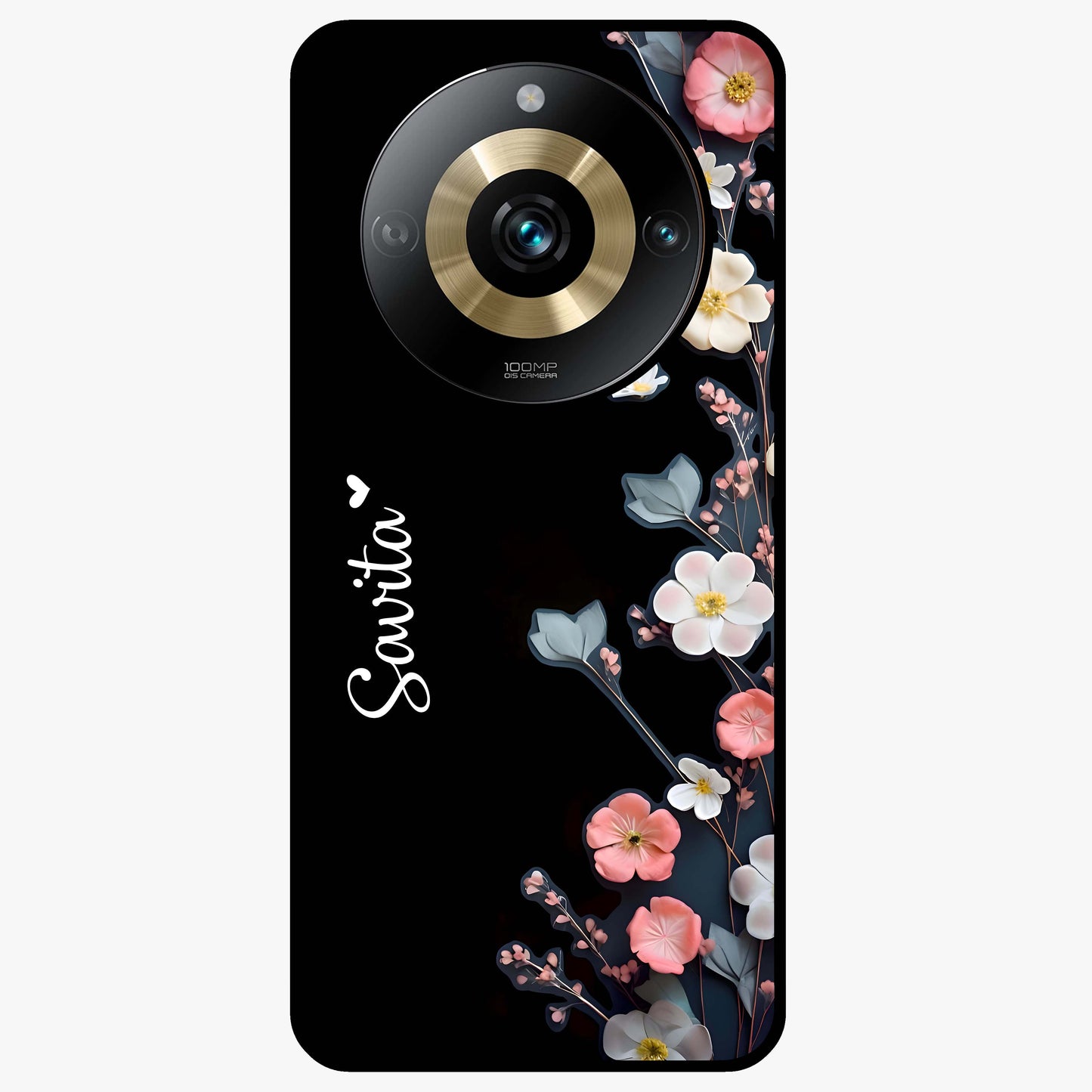 Black Elegance Floral Custom Name Glass Case showing flat back view with elegant floral artwork and personalized name design.