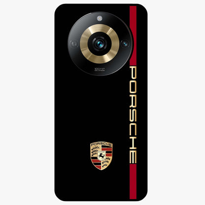 Black Minimal Porsche Glass Case showing flat back view with sleek minimal sports car artwork and glossy glass finish.