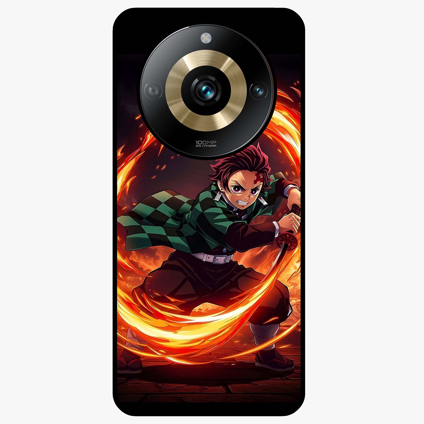 Blazing Sword Resolve Glass Case showing flat back view with fiery sword artwork and glossy glass finish.