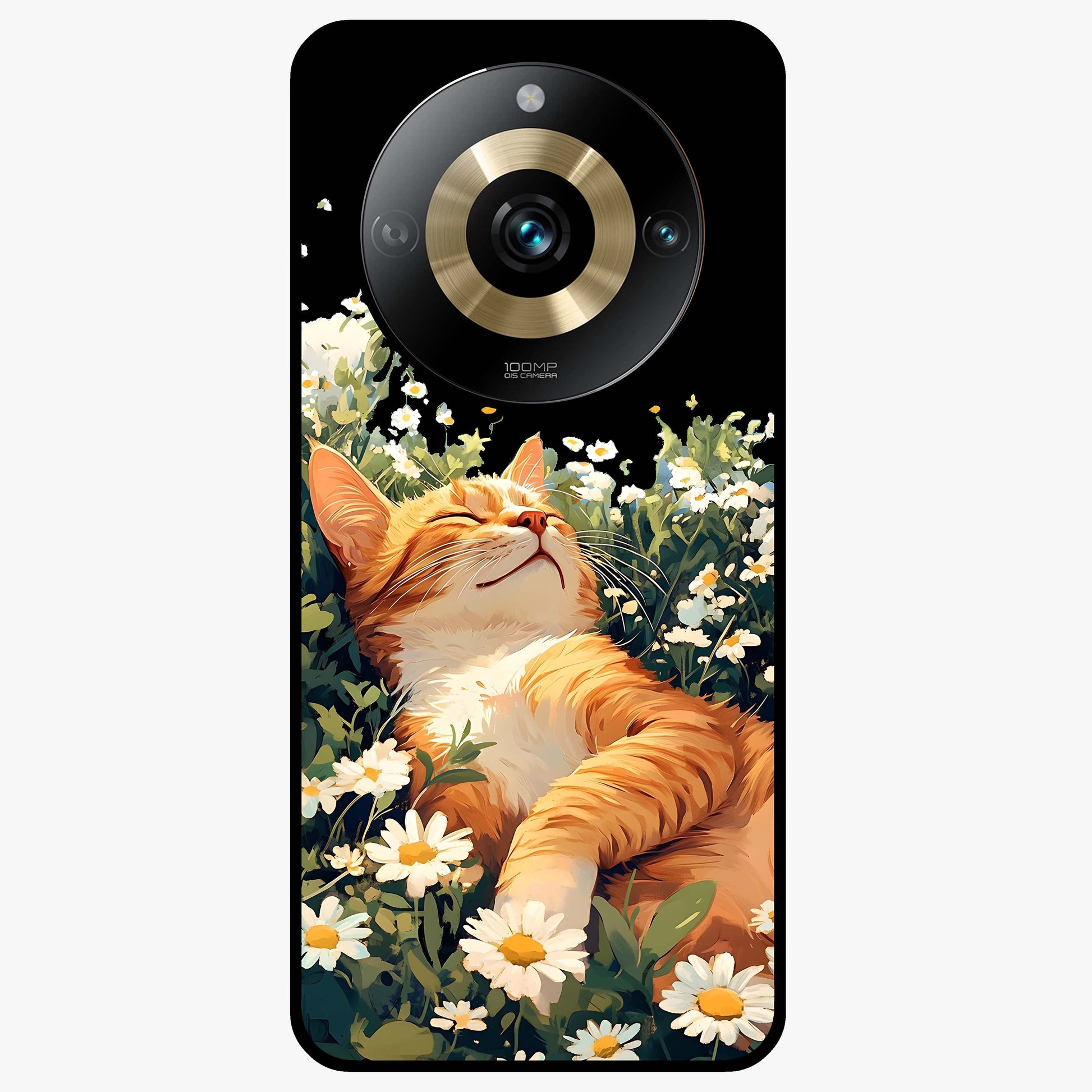 Blissful Bloom Cat Glass Case showing flat back view with cute cat and floral bloom artwork and glossy glass finish.
