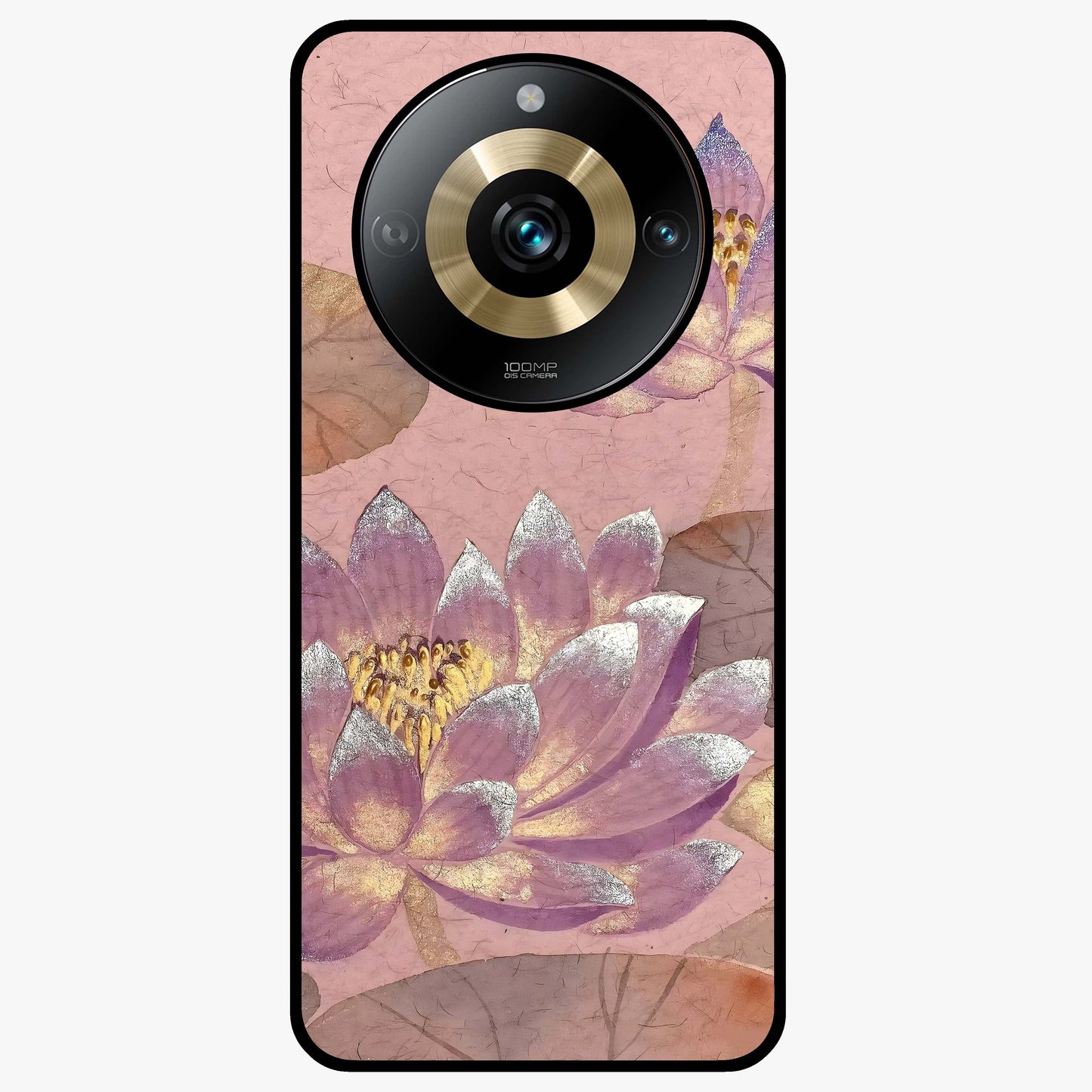 Blossom Mist Lotus Glass Case showing flat back view with serene lotus blossom artwork and glossy glass finish.