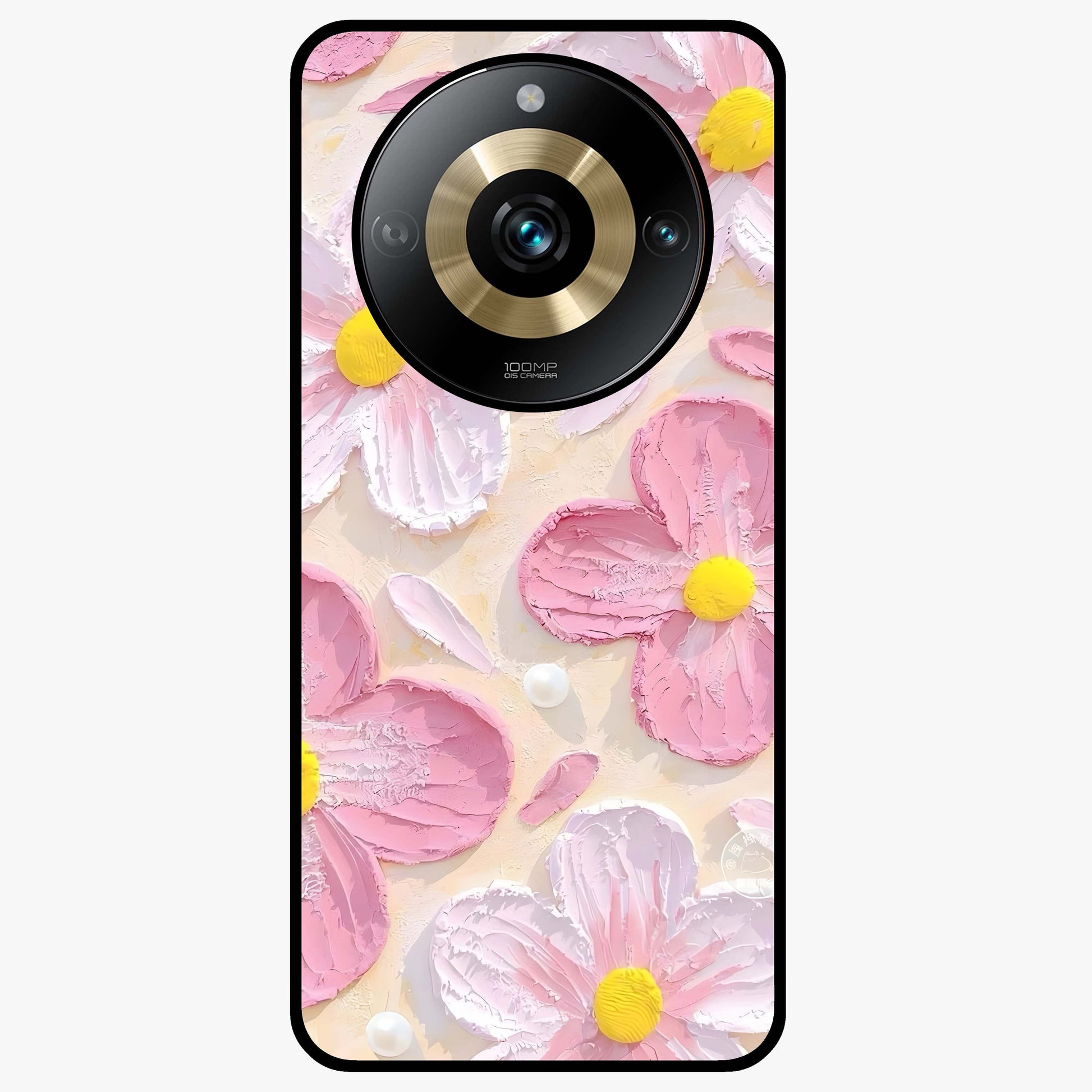Blush Bloom Texture Glass Case showing flat back view with soft blush floral texture artwork and glossy glass finish.
