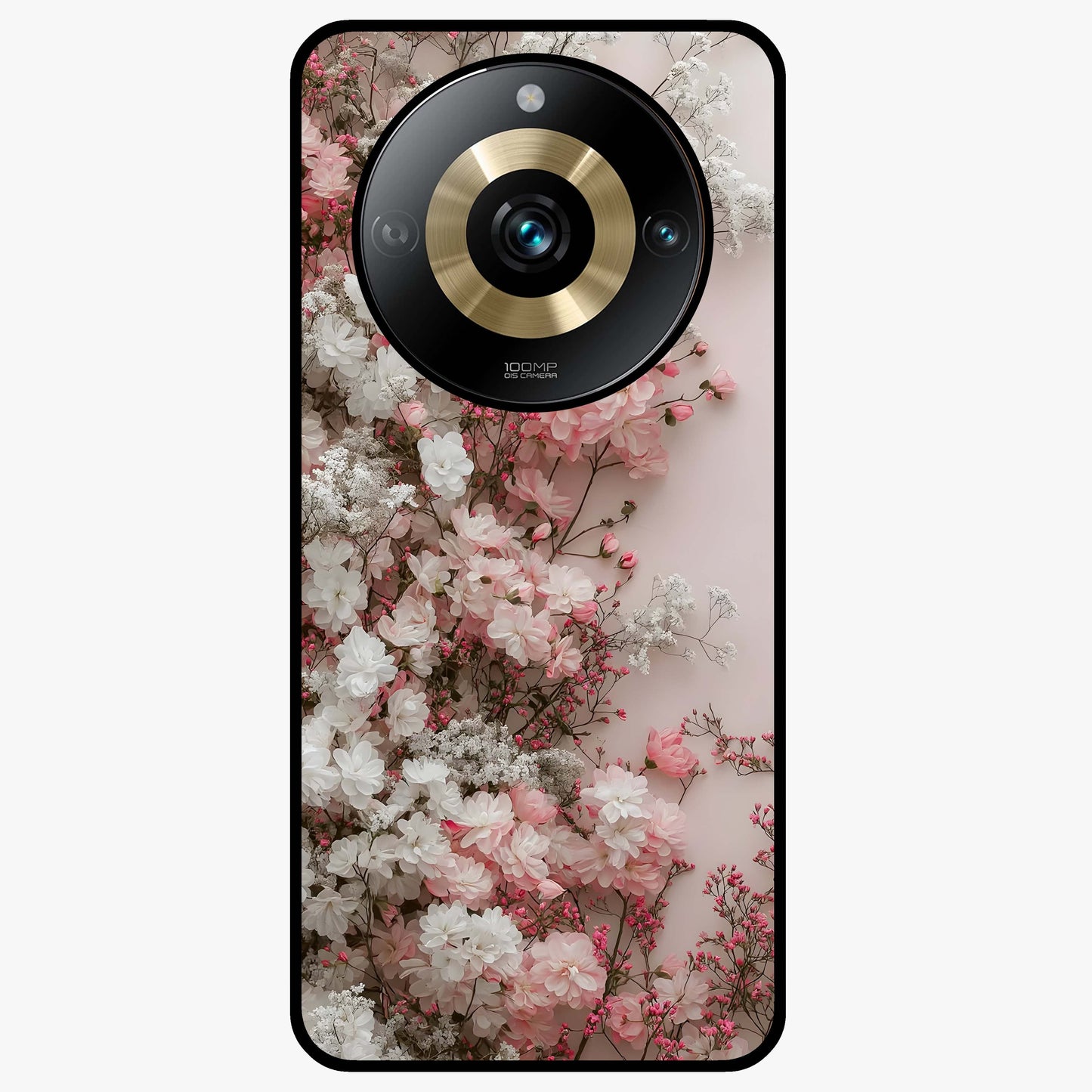 Blush Blossom Cloud Glass Case showing flat back view with dreamy blush cloud blossom artwork and glossy glass finish.