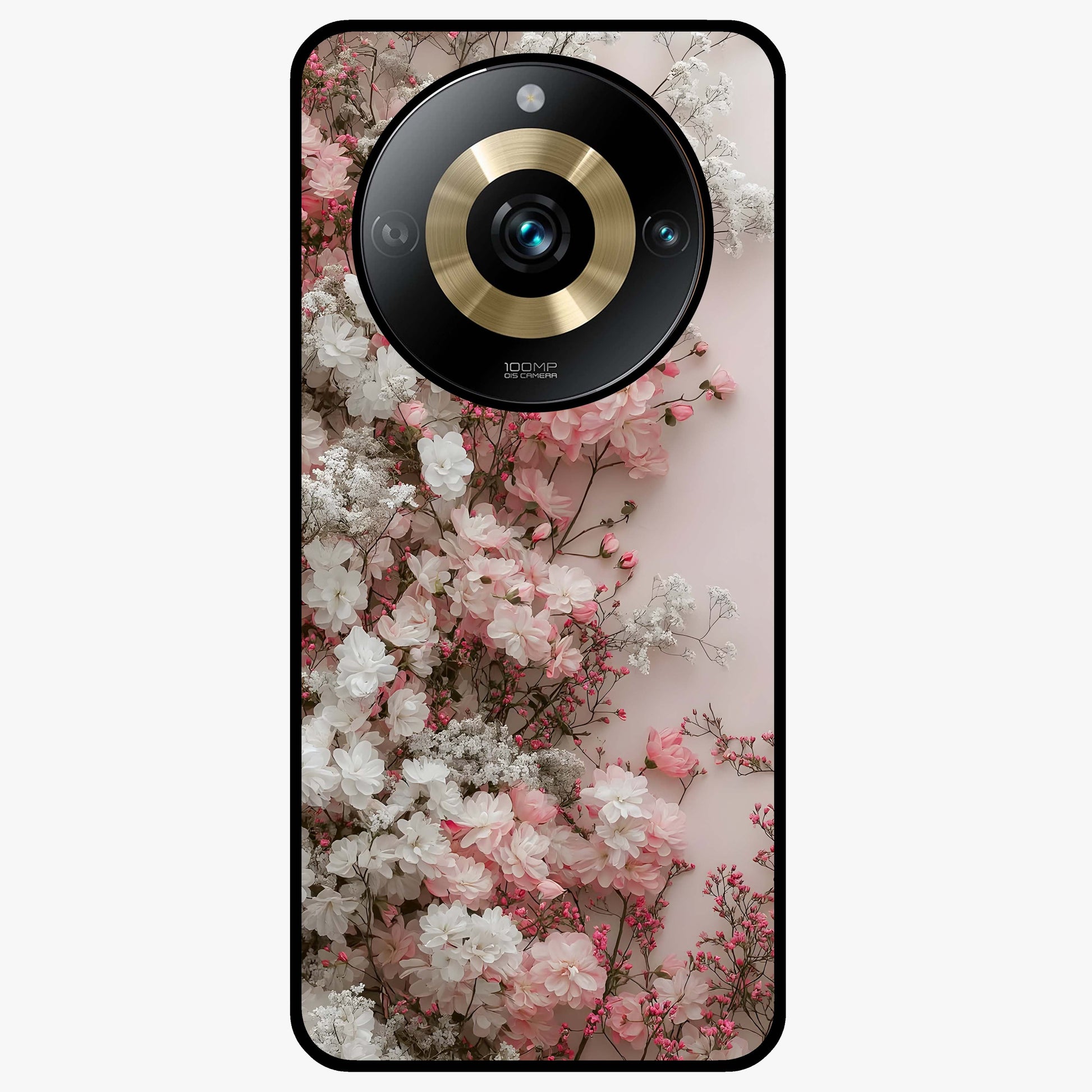 Blush Blossom Cloud Glass Case showing flat back view with dreamy blush cloud blossom artwork and glossy glass finish.