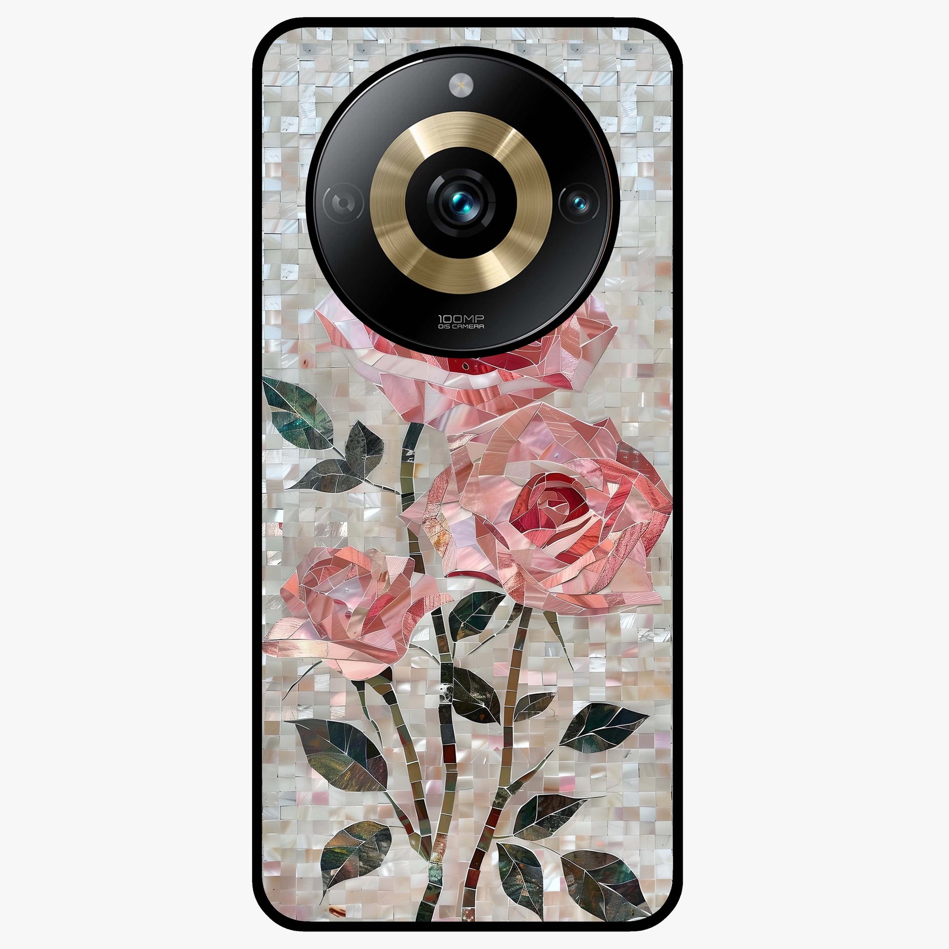 Blush Mosaic Bloom Glass Case showing flat back view with mosaic floral bloom artwork and glossy glass finish.