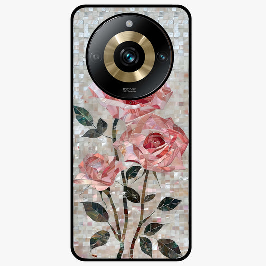 Blush Mosaic Bloom Glass Case showing flat back view with mosaic floral bloom artwork and glossy glass finish.