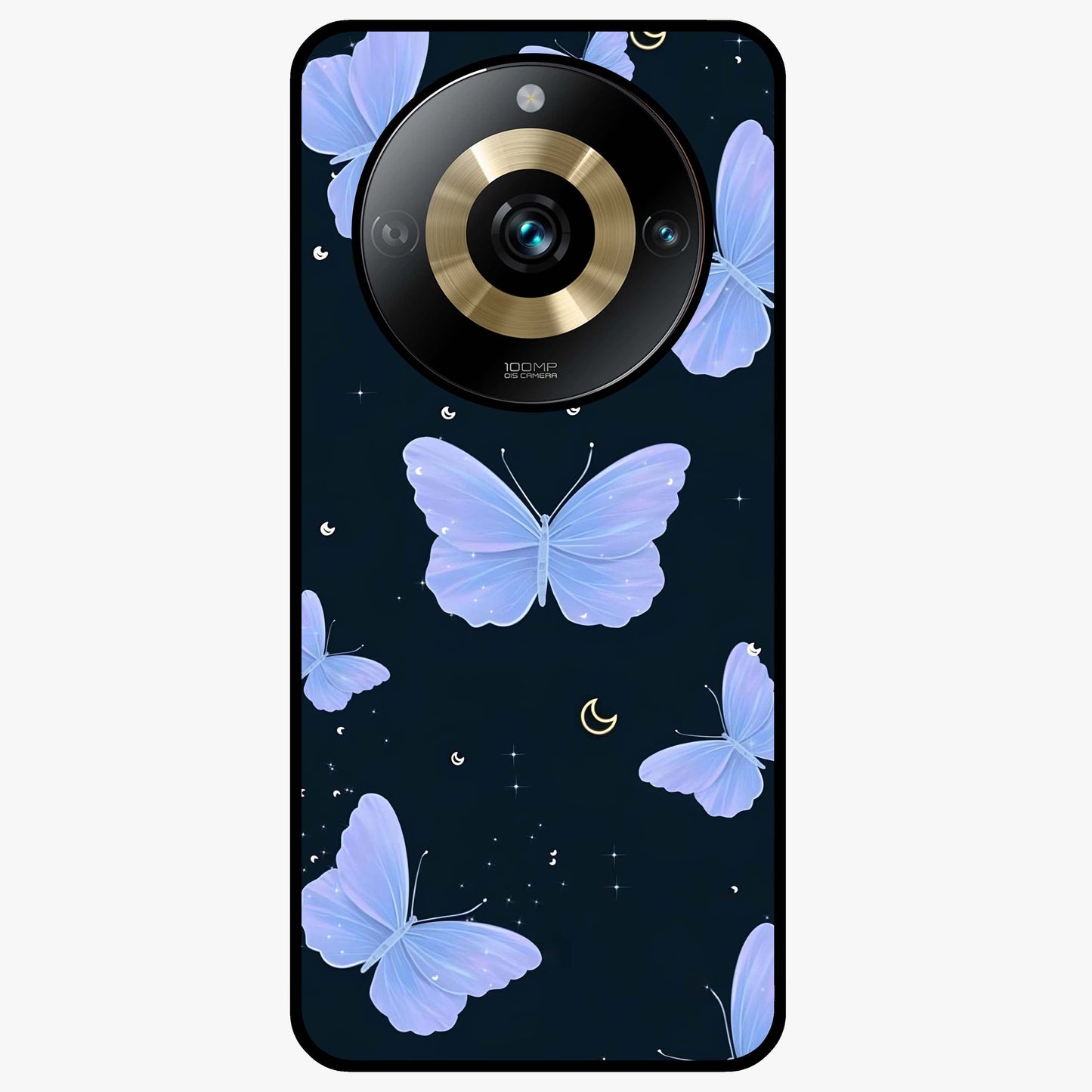 Butterfly With Stars Pattern Glass Case showing flat back view with butterfly and star pattern artwork and glossy glass finish.