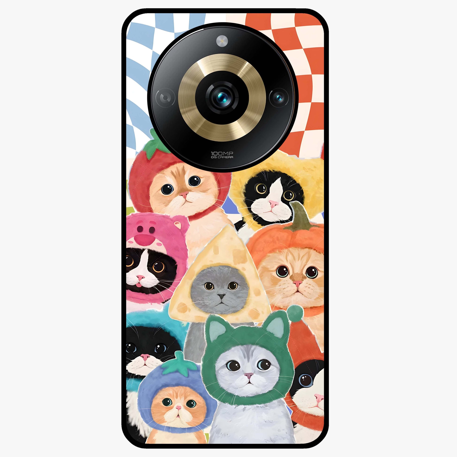 Cats in Fruits Glass Case showing flat back view with playful cat illustrations inside fruit artwork and glossy glass finish.