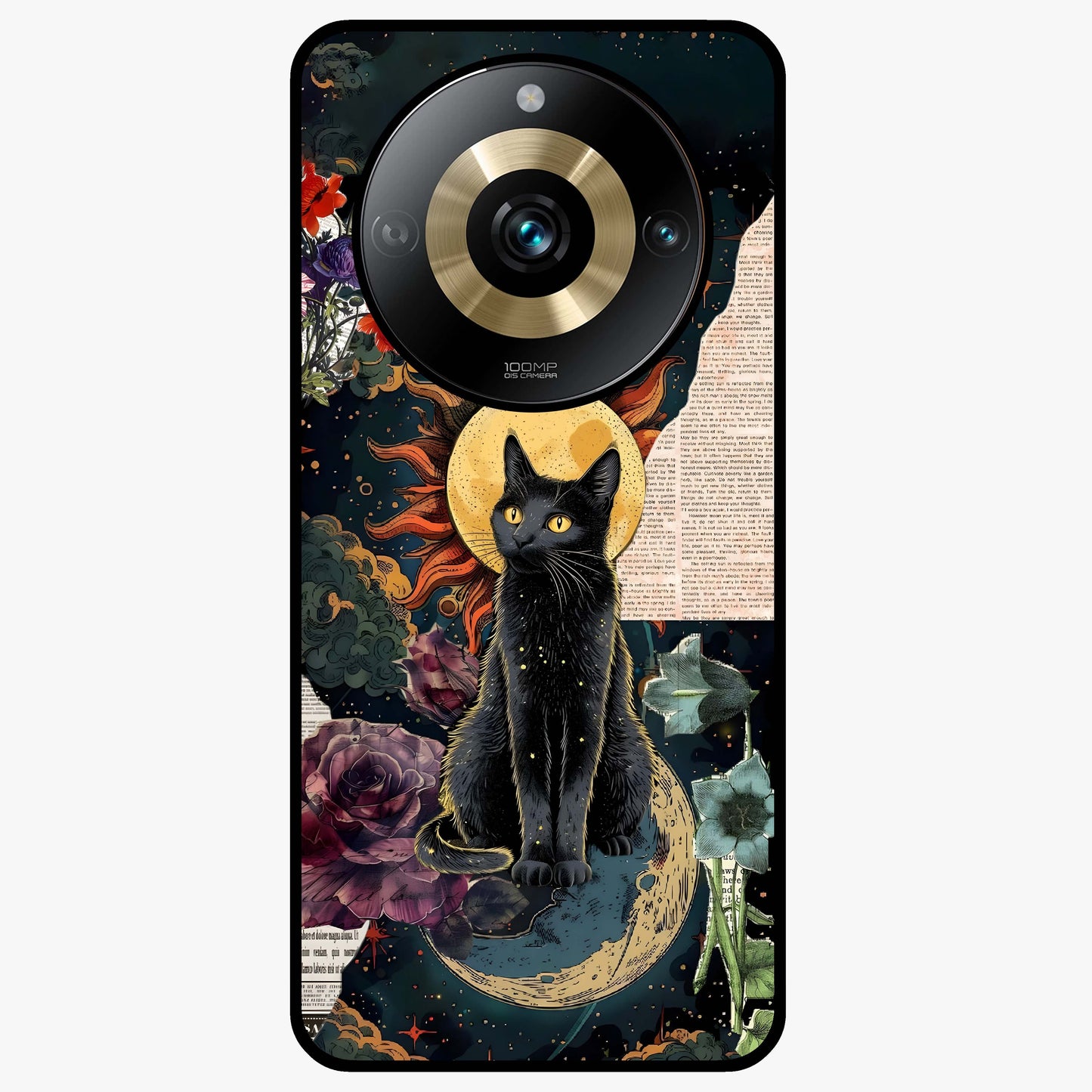 Celestial Black Cat Glass Case showing flat back view with mystical black cat artwork and glossy glass finish.