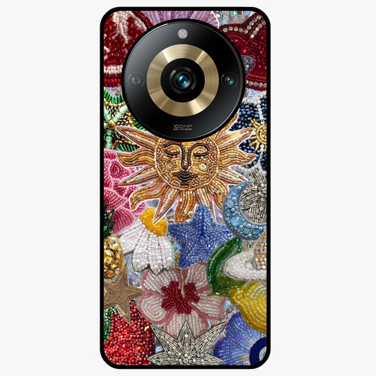 Celestial Floral and Playful Glass Case showing flat back view with floral and celestial themed artwork and glossy glass finish.