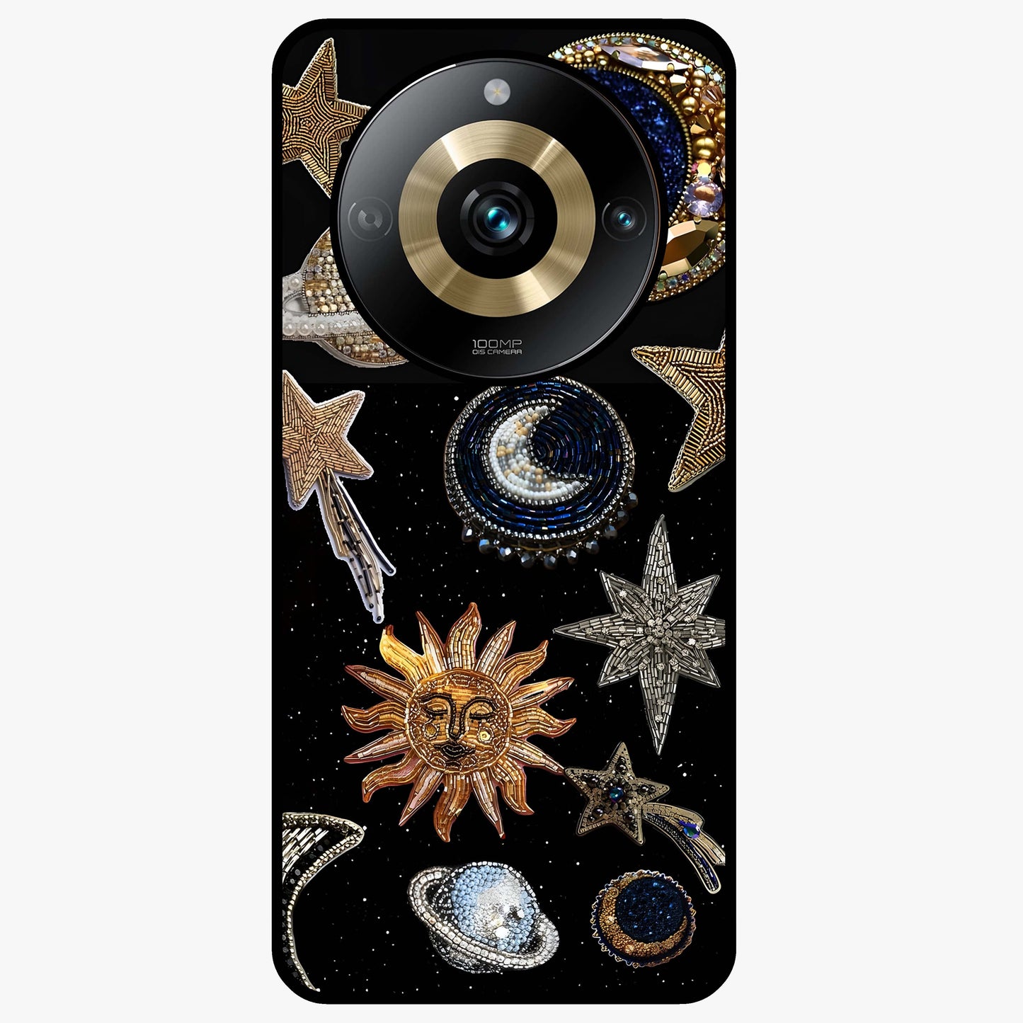 Celestial Gem Constellations Glass Case showing flat back view with sparkling constellation artwork and glossy glass finish.