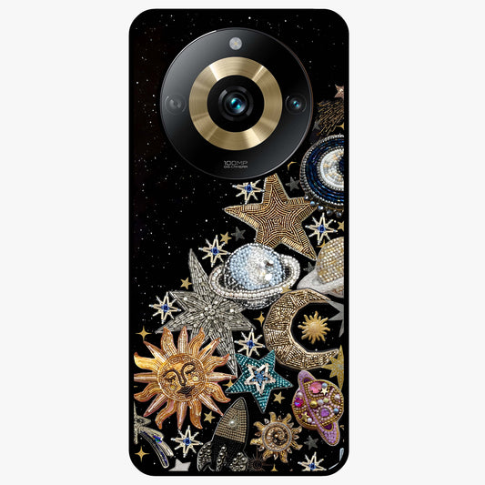 Cosmic Sparkle Dreams Glass Case showing flat back view with sparkling cosmic artwork and glossy glass finish.