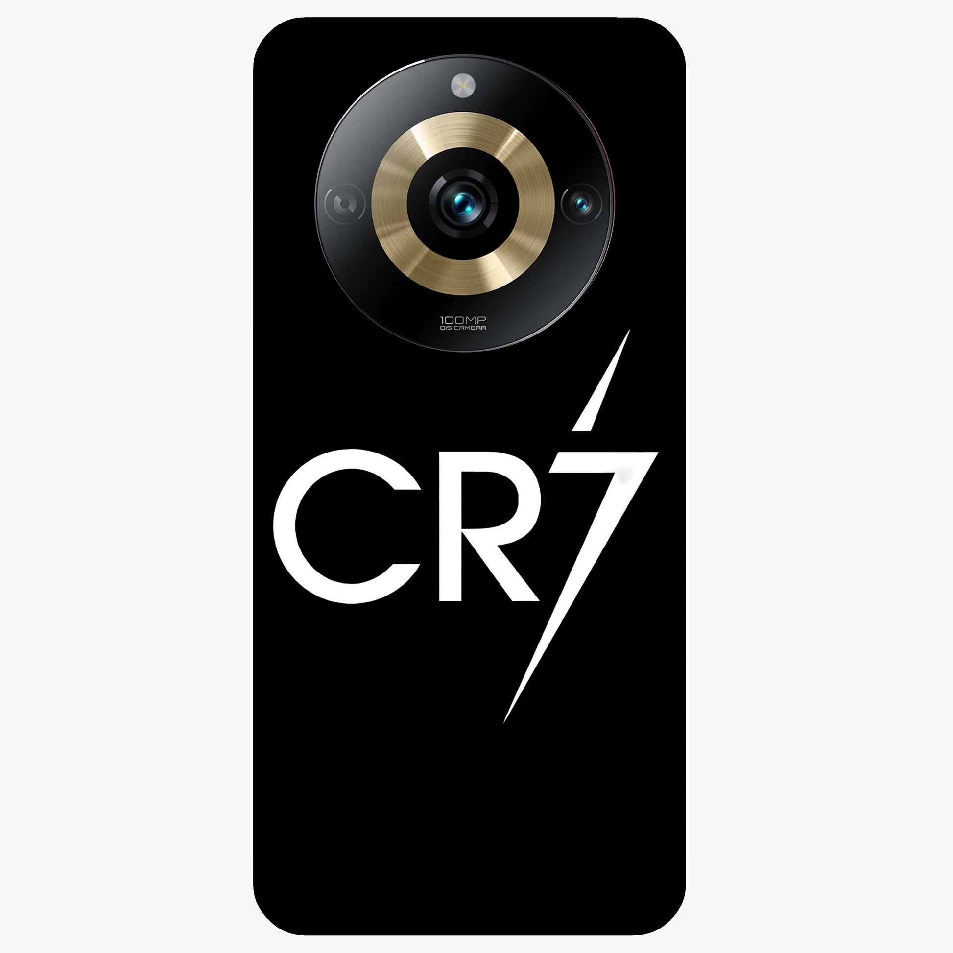 Cr7 Elite Strike Glass Case showing flat back view with dynamic football inspired artwork and glossy glass finish.