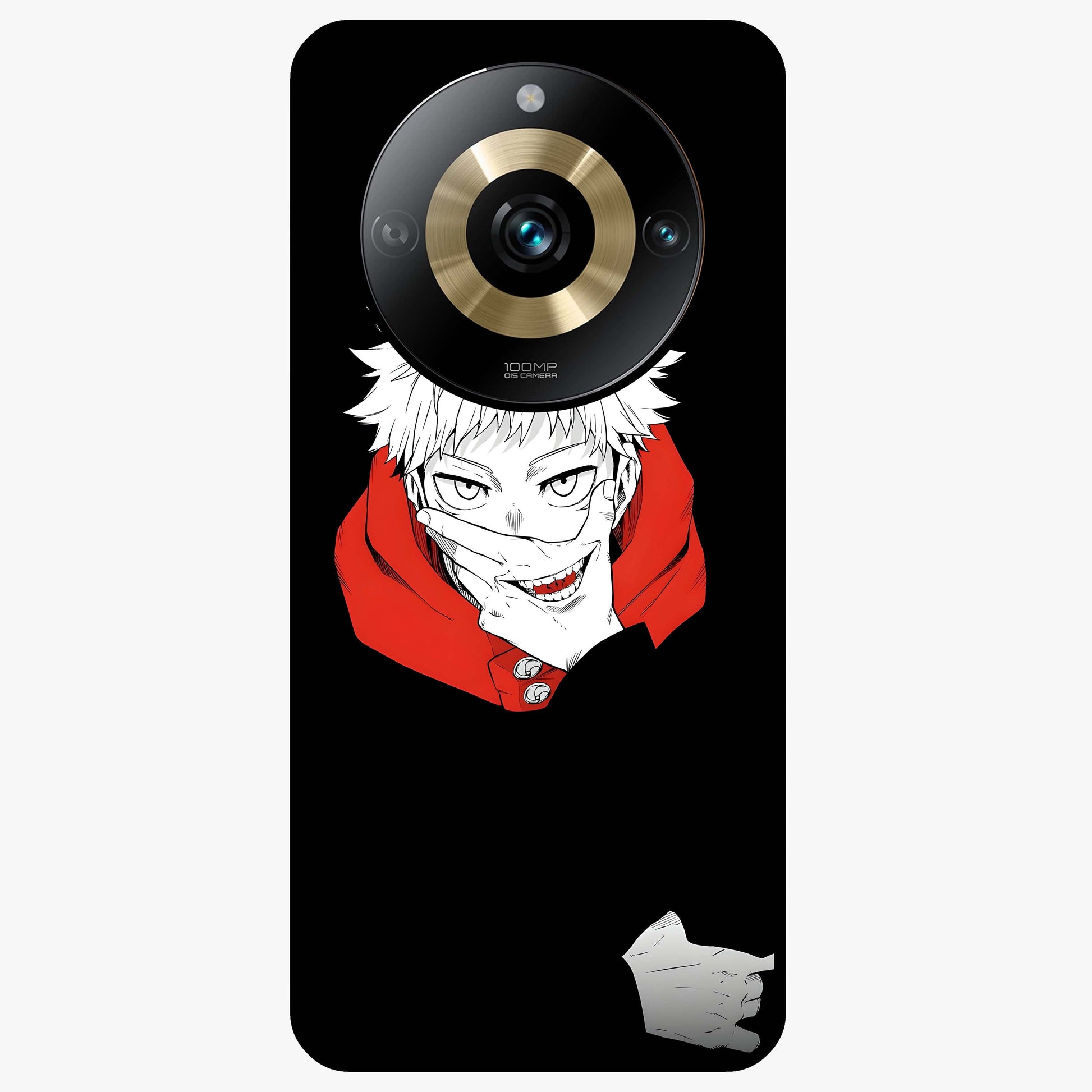 Crimson Chaos Smile Glass Case showing flat back view with bold chaotic smile artwork and glossy glass finish.
