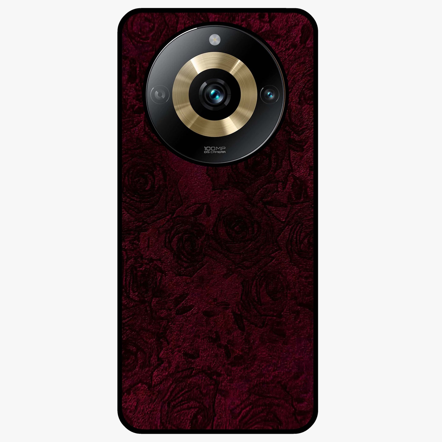 Crimson Fade Flow Glass Case showing flat back view with flowing crimson gradient artwork and glossy glass finish.