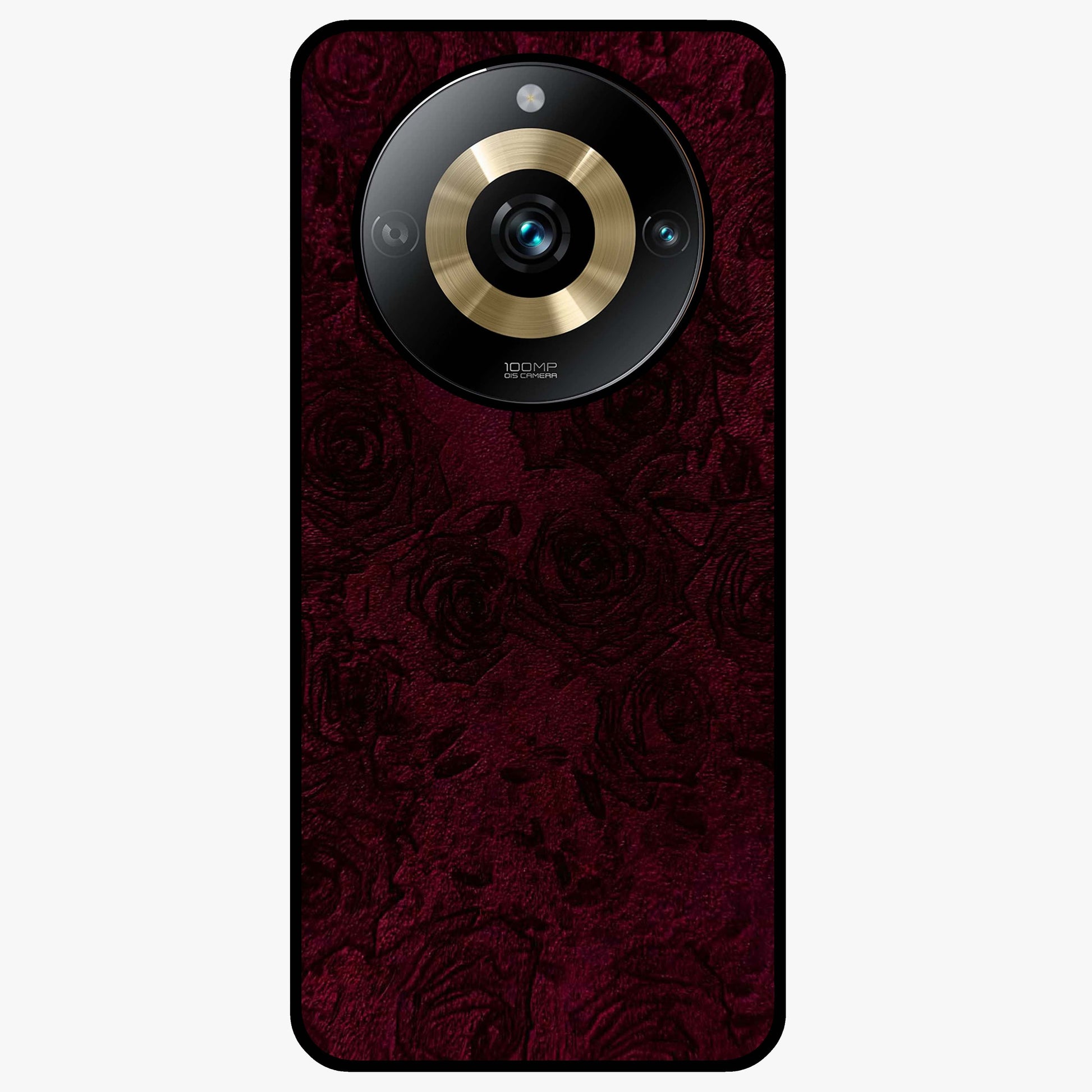 Crimson Fade Flow Glass Case showing flat back view with flowing crimson gradient artwork and glossy glass finish.