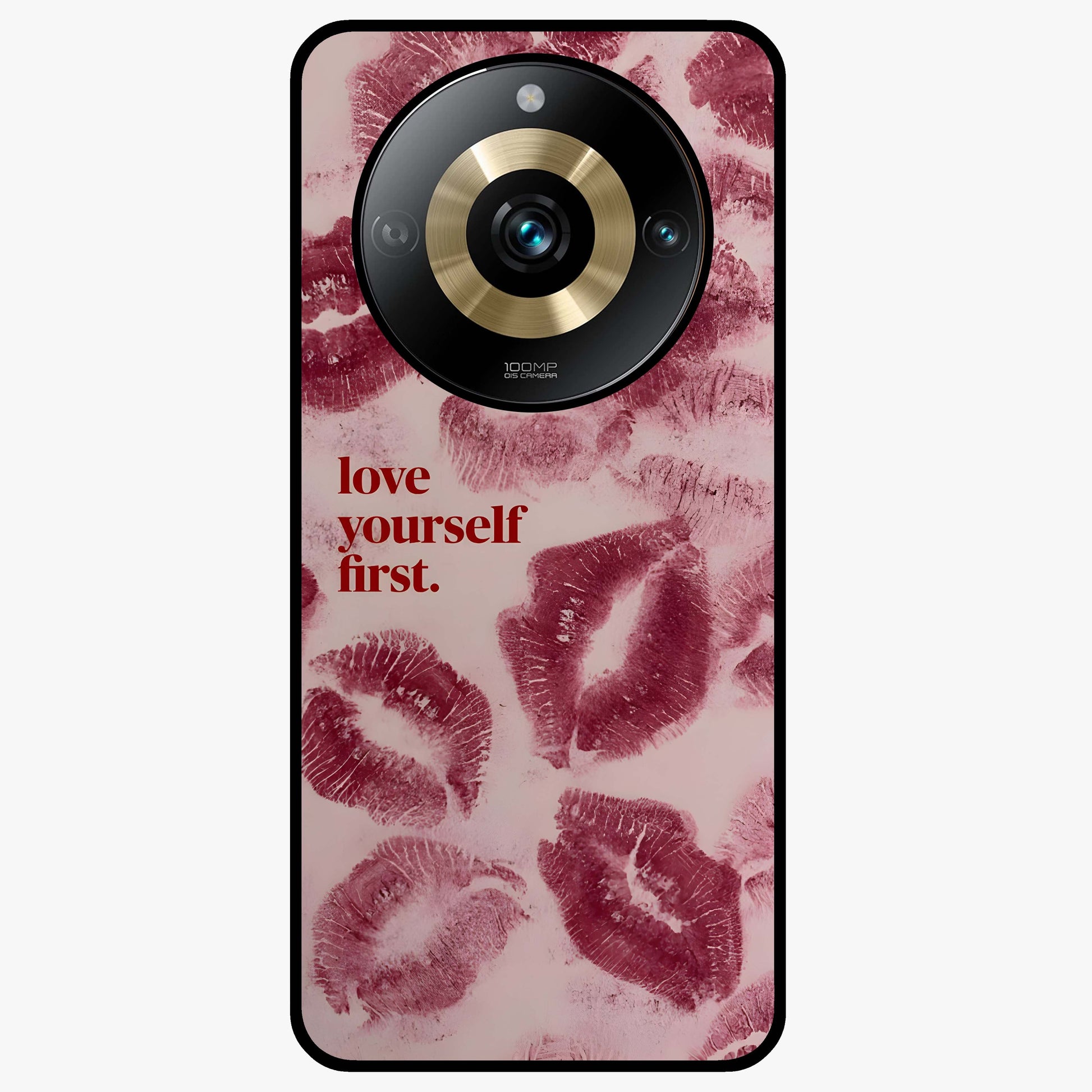 Crimson Kiss Love Glass Case showing flat back view with romantic crimson themed artwork and glossy glass finish.