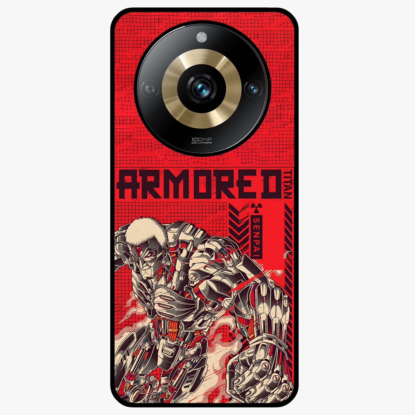 Crimson Mecha Titan Glass Case showing flat back view with powerful mech titan artwork and glossy glass finish.