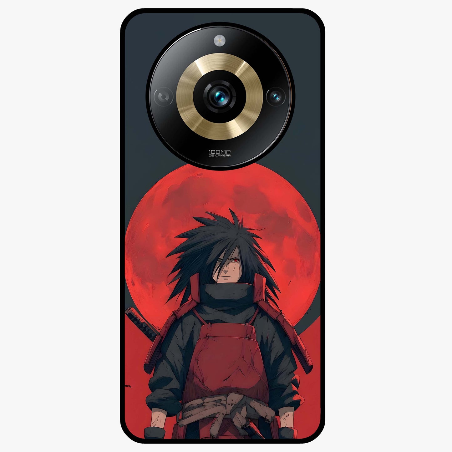 Crimson Moon Warlord Glass Case showing flat back view with mystical moon warrior artwork and glossy glass finish.