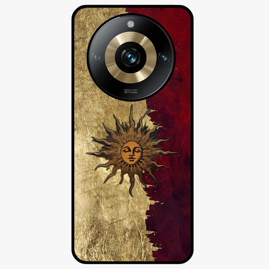 Crimson Sun Majesty Glass Case showing flat back view with radiant sun inspired artwork and glossy glass finish.