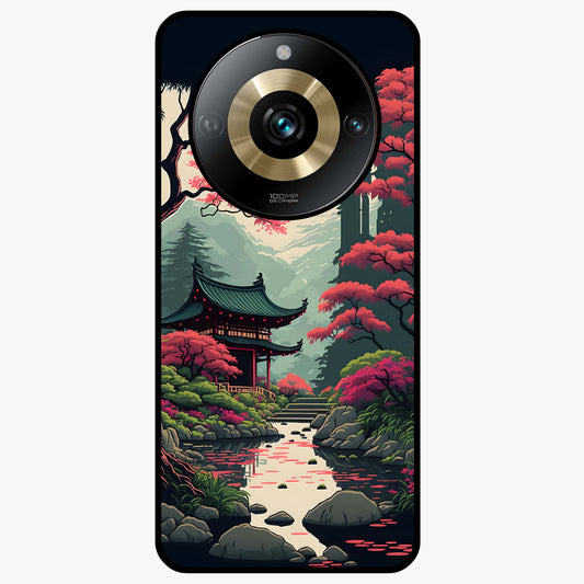 Crimson Temple View Glass Case showing flat back view with temple inspired artwork and glossy glass finish.