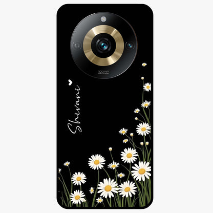 Daisy Cascade Custom Name Glass Case showing flat back view with cascading daisy flowers and personalized name design.
