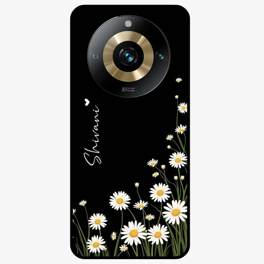 Daisy Cascade Custom Name Glass Case showing flat back view with cascading daisy flowers and personalized name design.