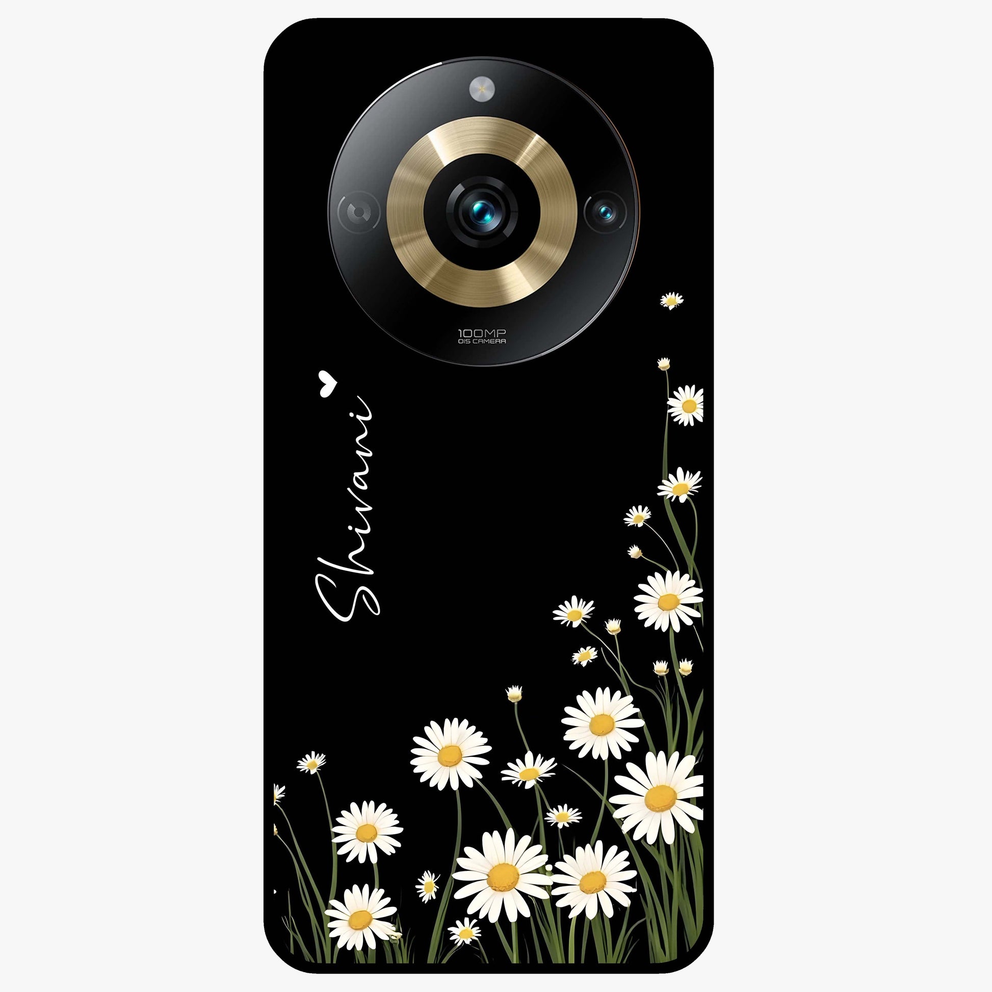 Daisy Cascade Custom Name Glass Case showing flat back view with cascading daisy flowers and personalized name design.