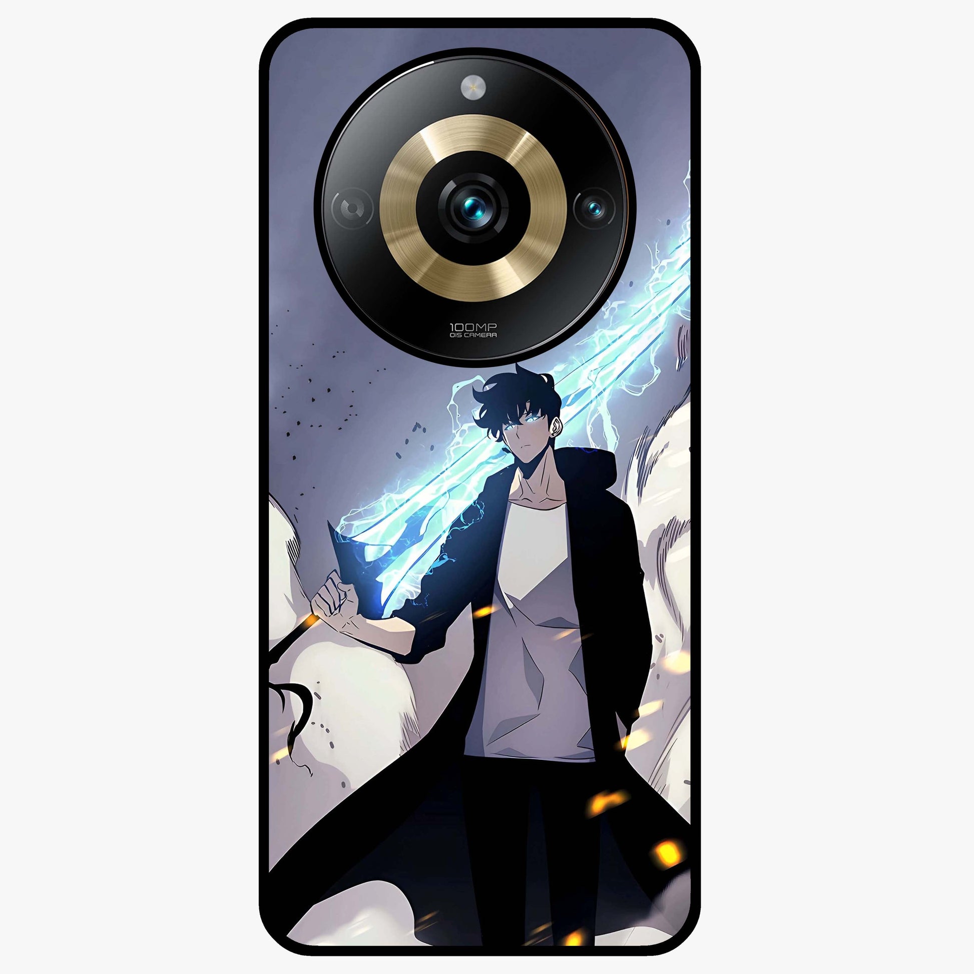 Dark Lightning Anime Warrior Glass Case showing flat back view with intense anime warrior artwork and glossy glass finish.