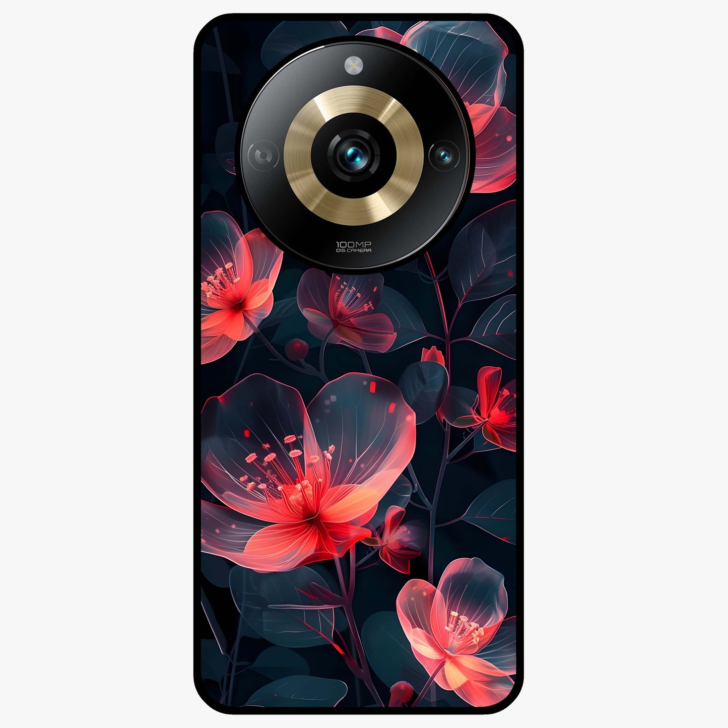 Dark Shade of Flower Glass Case showing flat back view with elegant dark floral artwork and glossy glass finish.