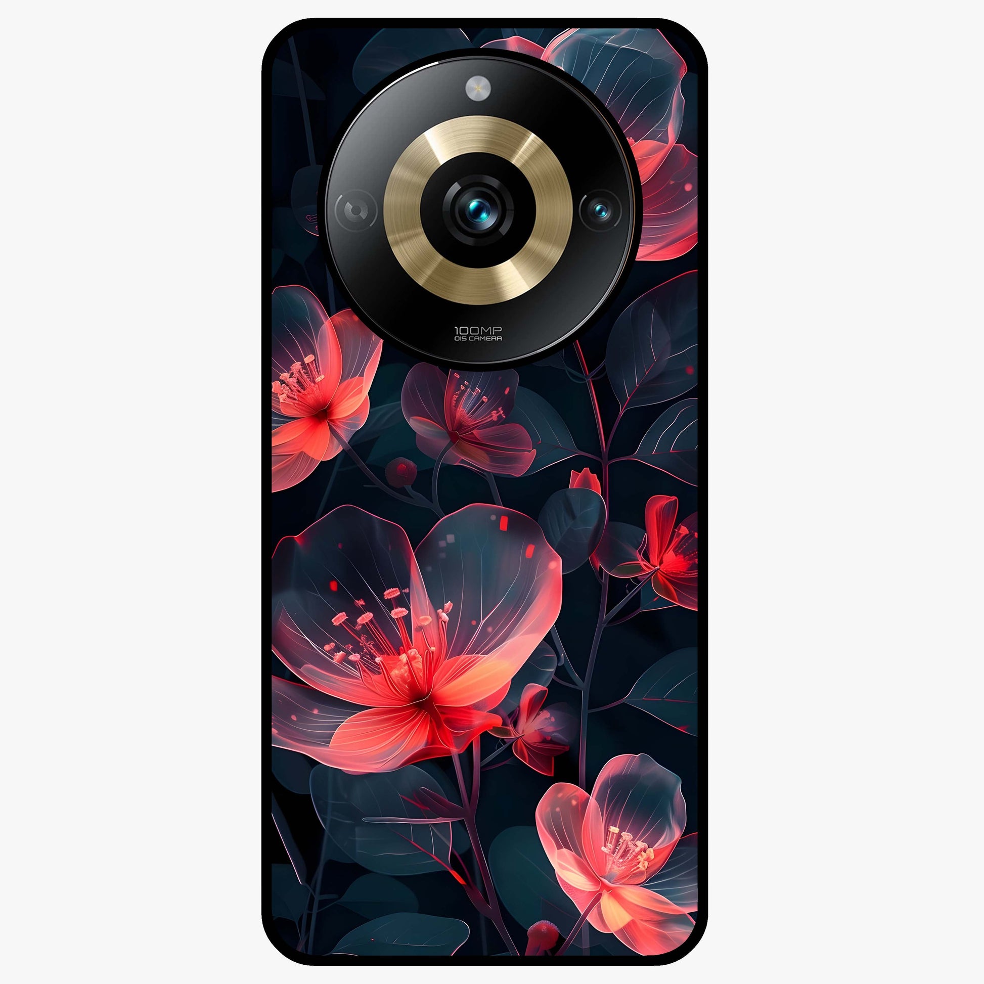 Dark Shade of Flower Glass Case showing flat back view with elegant dark floral artwork and glossy glass finish.