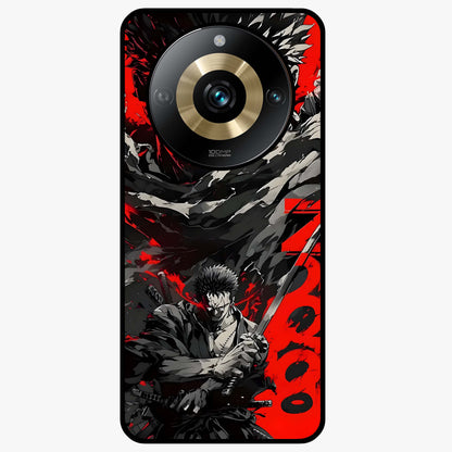 Demon Sword Resolve Glass Case showing flat back view with fierce sword warrior artwork and glossy glass finish.
