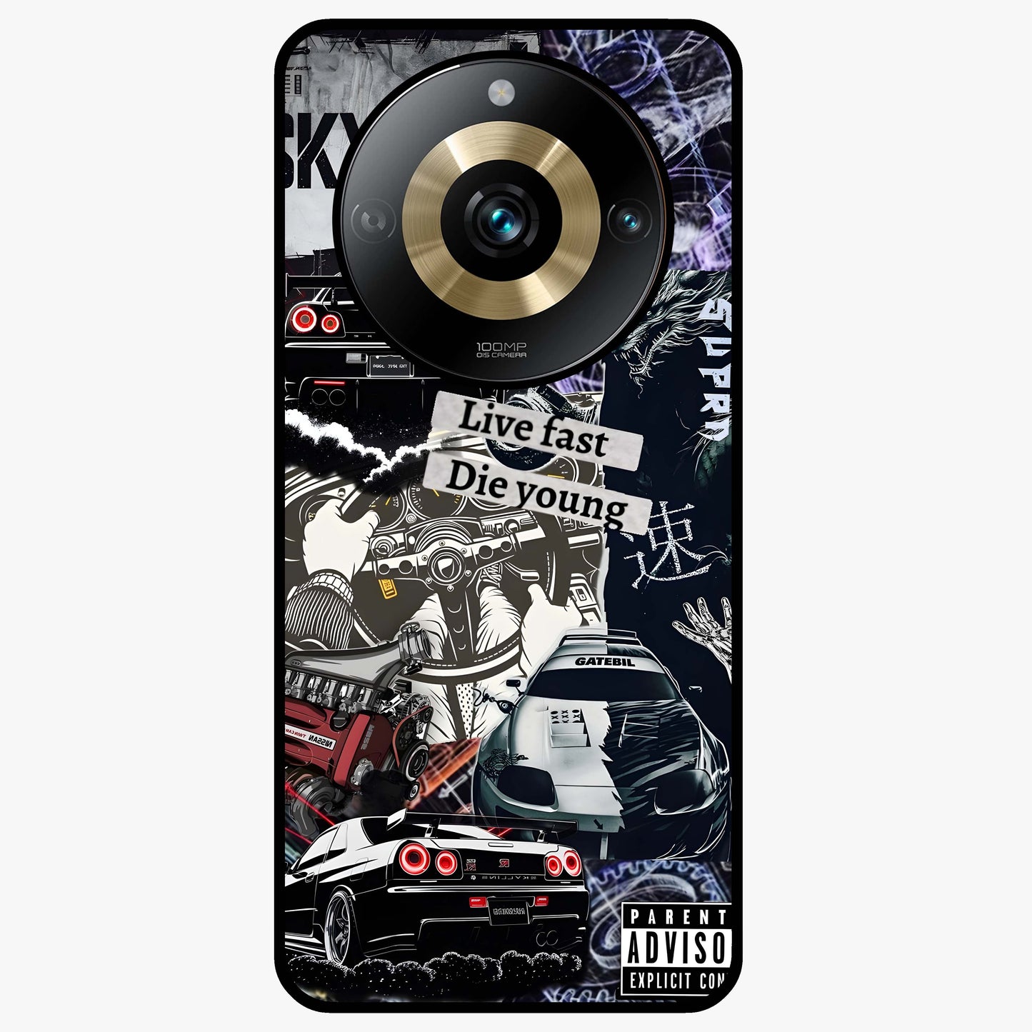Die Young Glass Case showing flat back view with bold artistic typography design and glossy glass finish.