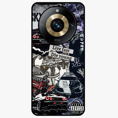 Die Young Glass Case showing flat back view with bold artistic typography design and glossy glass finish.