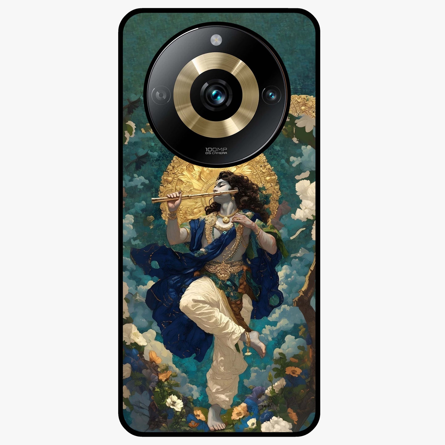 Divine Krishna Art Glass Case showing flat back view with Lord Krishna artwork and glossy glass finish.