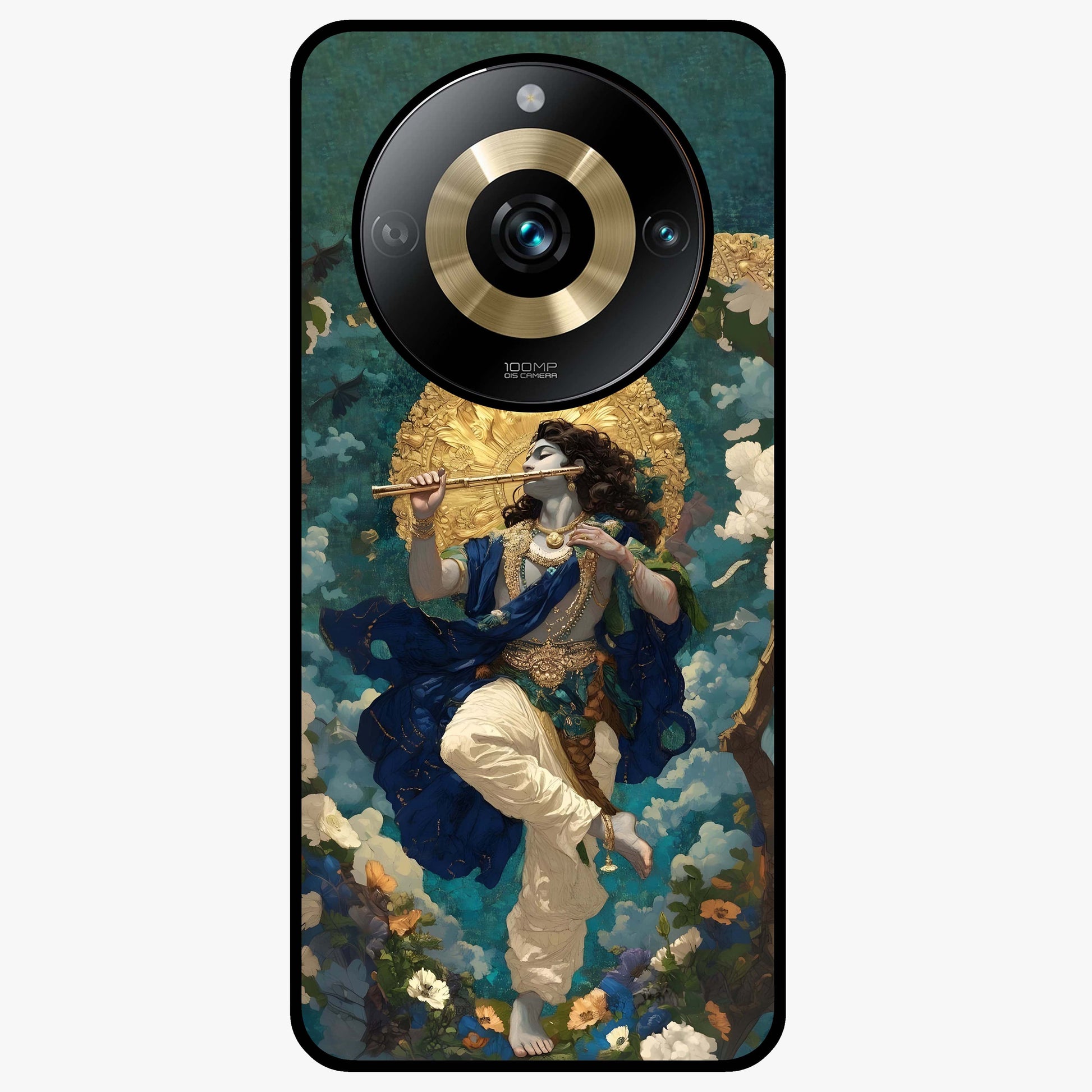 Divine Krishna Art Glass Case showing flat back view with Lord Krishna artwork and glossy glass finish.