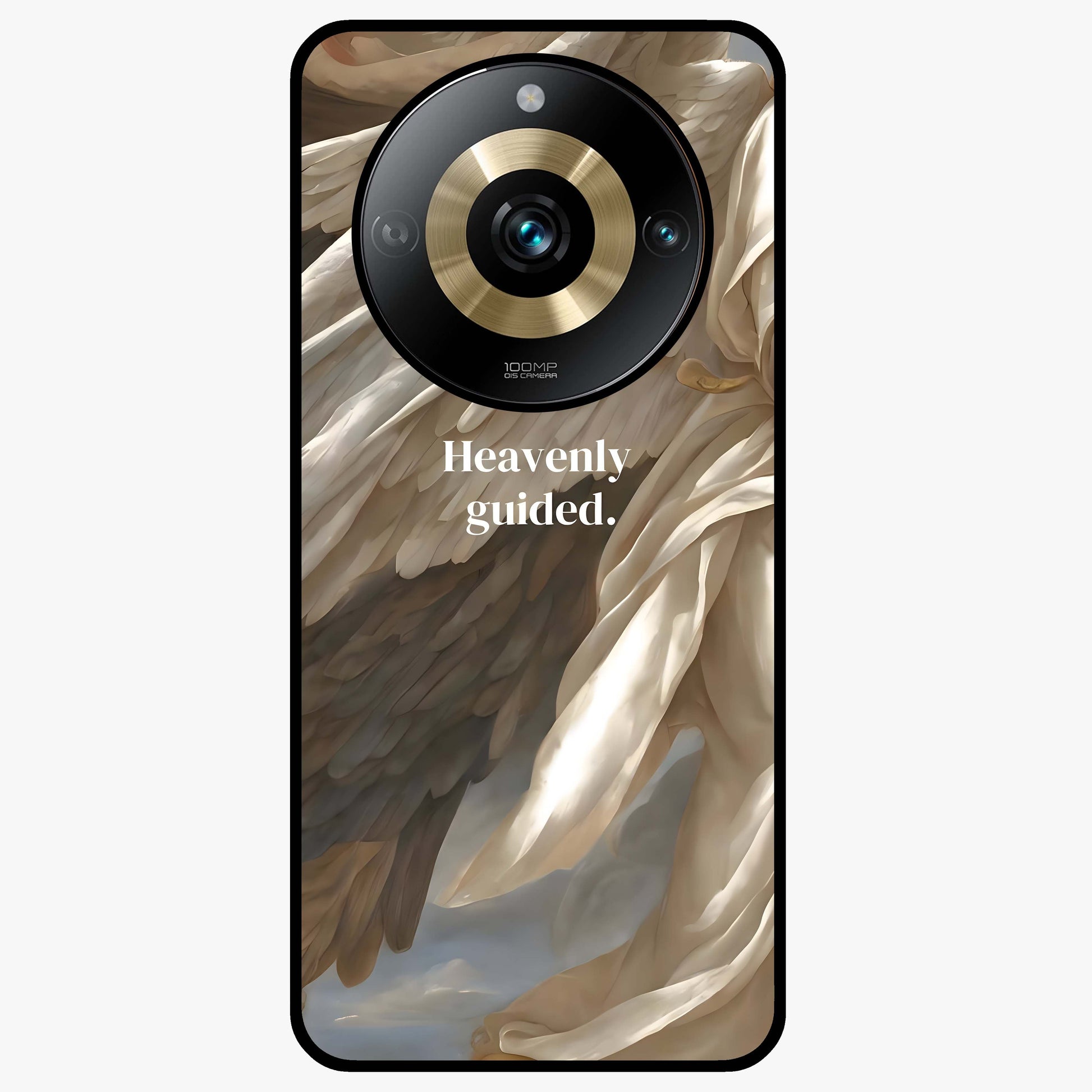 Divine Winged Grace Glass Case showing flat back view with elegant wing inspired artwork and glossy glass finish.