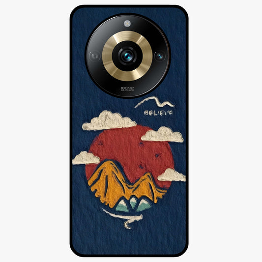 Dream Beyond Mountains Glass Case showing flat back view with scenic mountain landscape artwork and glossy glass finish.