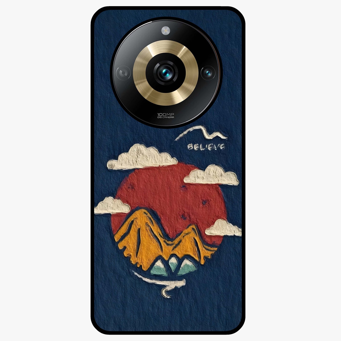 Dream Beyond Mountains Glass Case showing flat back view with scenic mountain landscape artwork and glossy glass finish.