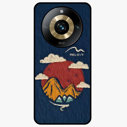 Dream Beyond Mountains Glass Case showing flat back view with scenic mountain landscape artwork and glossy glass finish.