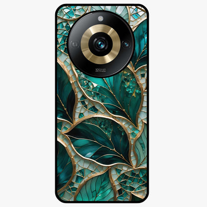 Emerald Leaf Glass Glass Case showing flat back view with emerald green leaf artwork and glossy glass finish.