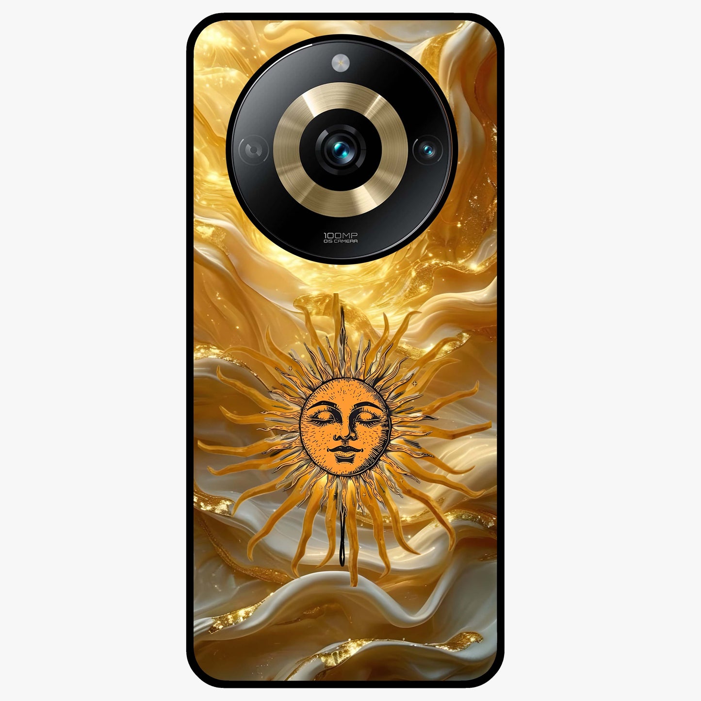 Eternal Golden Glow Glass Case showing flat back view with radiant golden themed artwork and glossy glass finish.