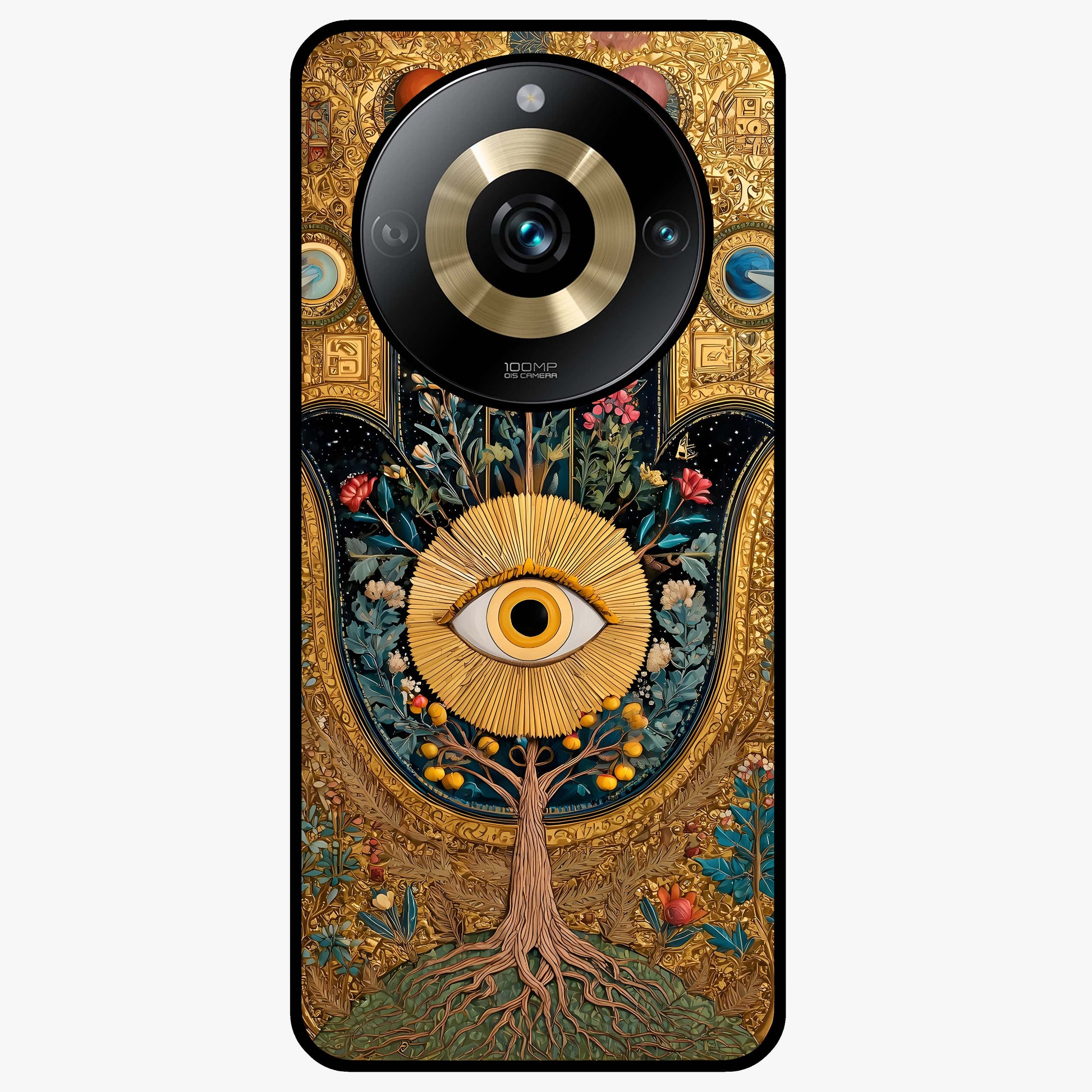 Ethereal Evil Eye Glass Case showing flat back view with mystical evil eye artwork and glossy glass finish.