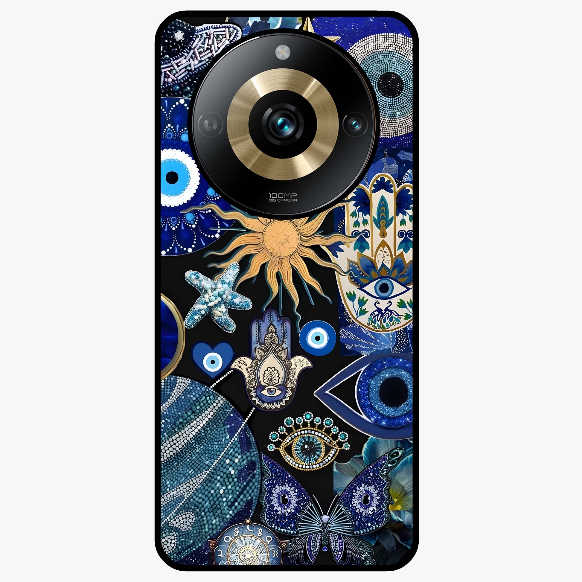 Evil Eye Charm Mix Glass Case showing flat back view with multiple evil eye charms artwork and glossy glass finish.