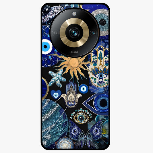 Evil Eye Charm Mix Glass Case showing flat back view with multiple evil eye charms artwork and glossy glass finish.