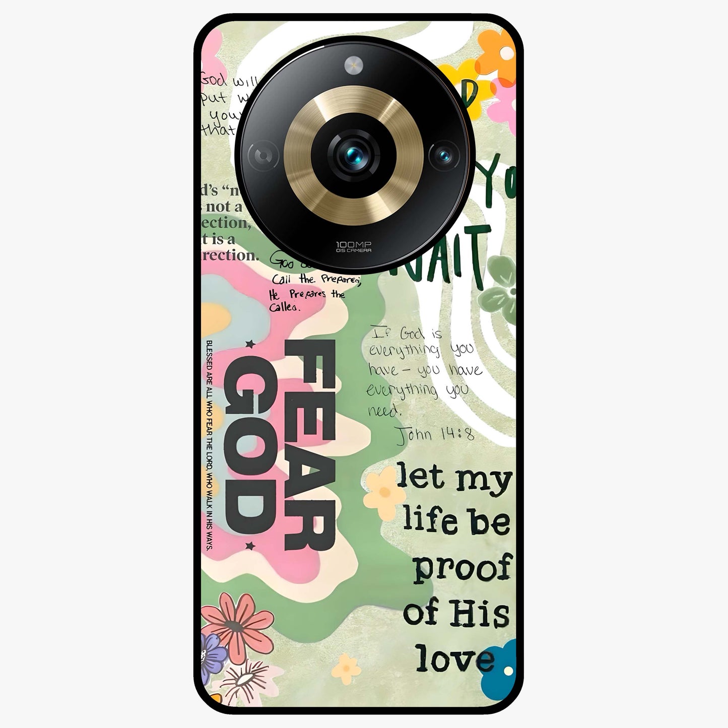 Faith Over Fear Glass Case showing flat back view with motivational typography artwork and glossy glass finish.
