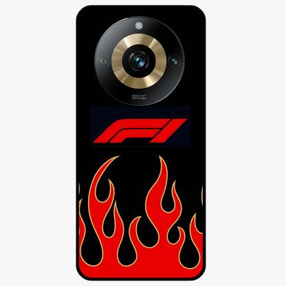 Fire F11 Glass Case showing flat back view with fiery themed artwork and glossy glass finish.