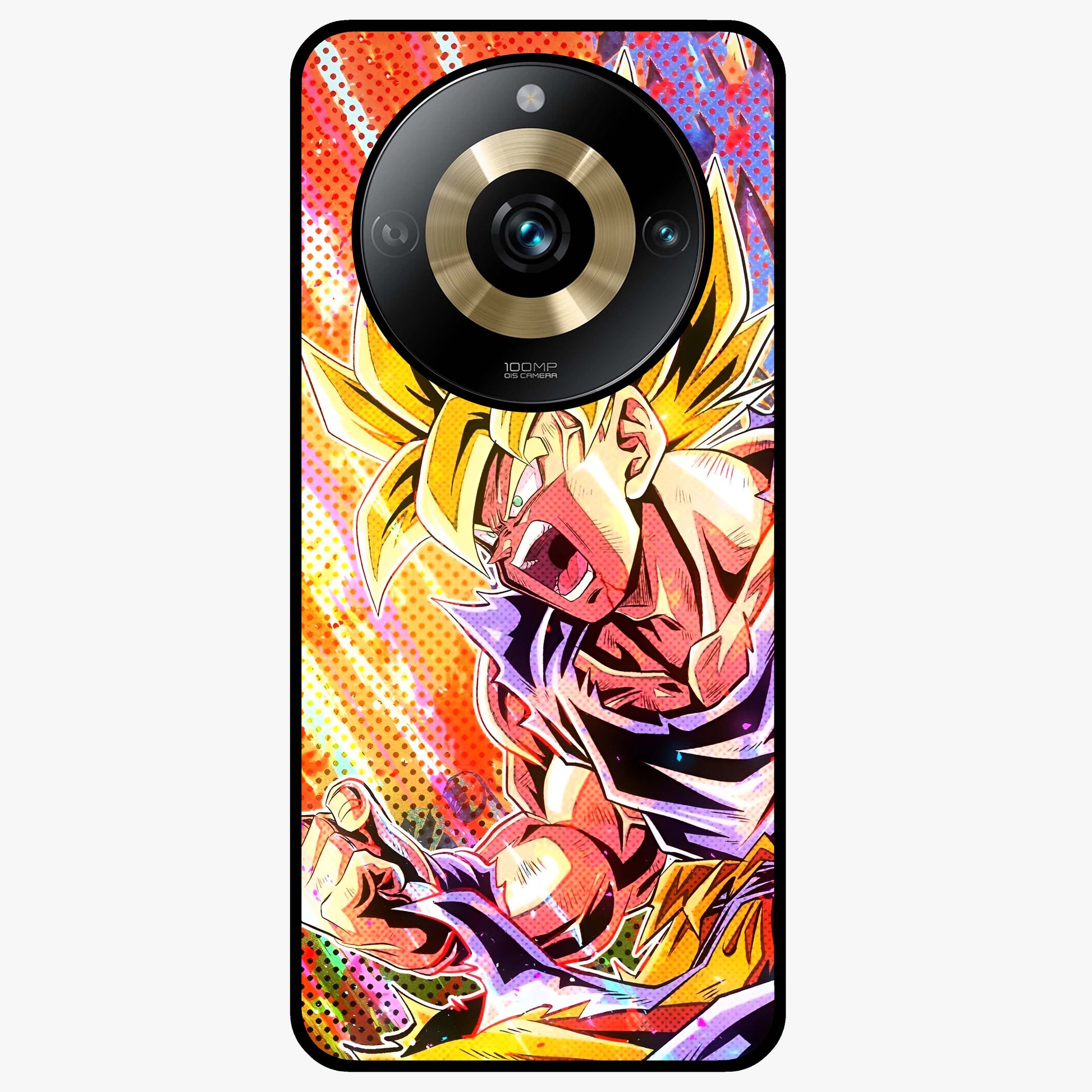 Firing Goku Glass Case showing flat back view with powerful anime inspired artwork and glossy glass finish.