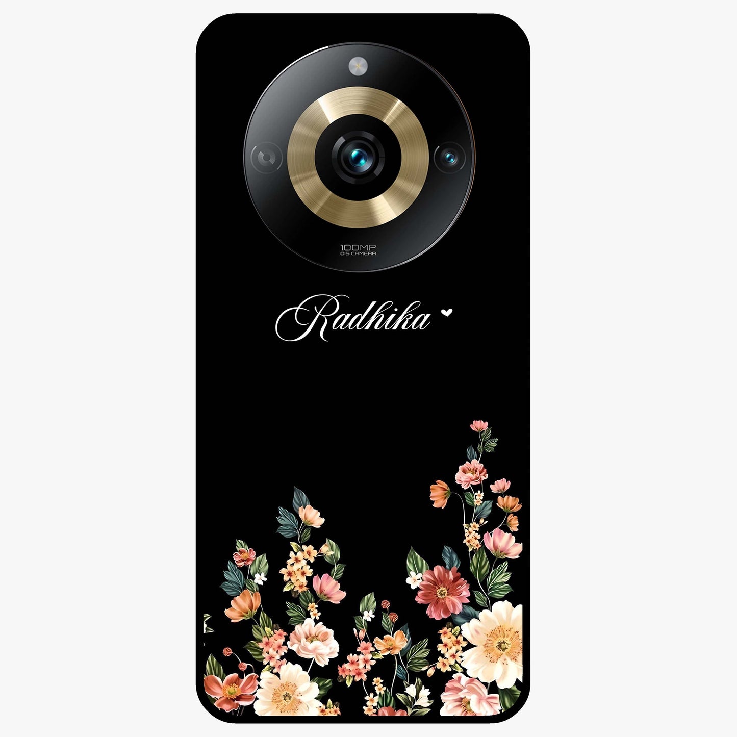 Floral Design With a Custom Personalized Name Glass Case showing flat back view with floral artwork and personalized name design.